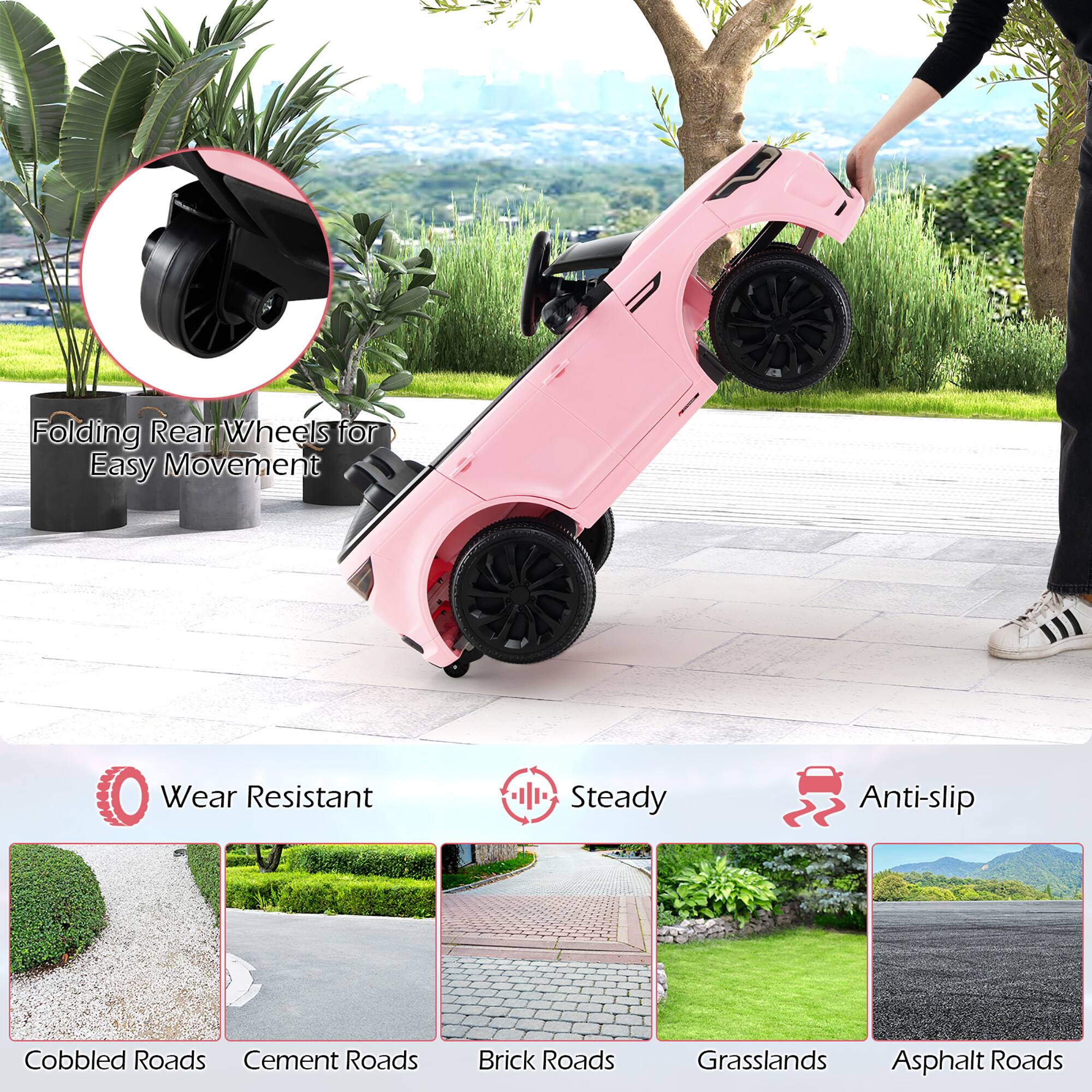 Folding Rear Wheels for Easy Movement

Wear Resistant
Steady
Anti-slip

Cobbled Roads
Cement Roads
Brick Roads
Grasslands
Asphalt Roads