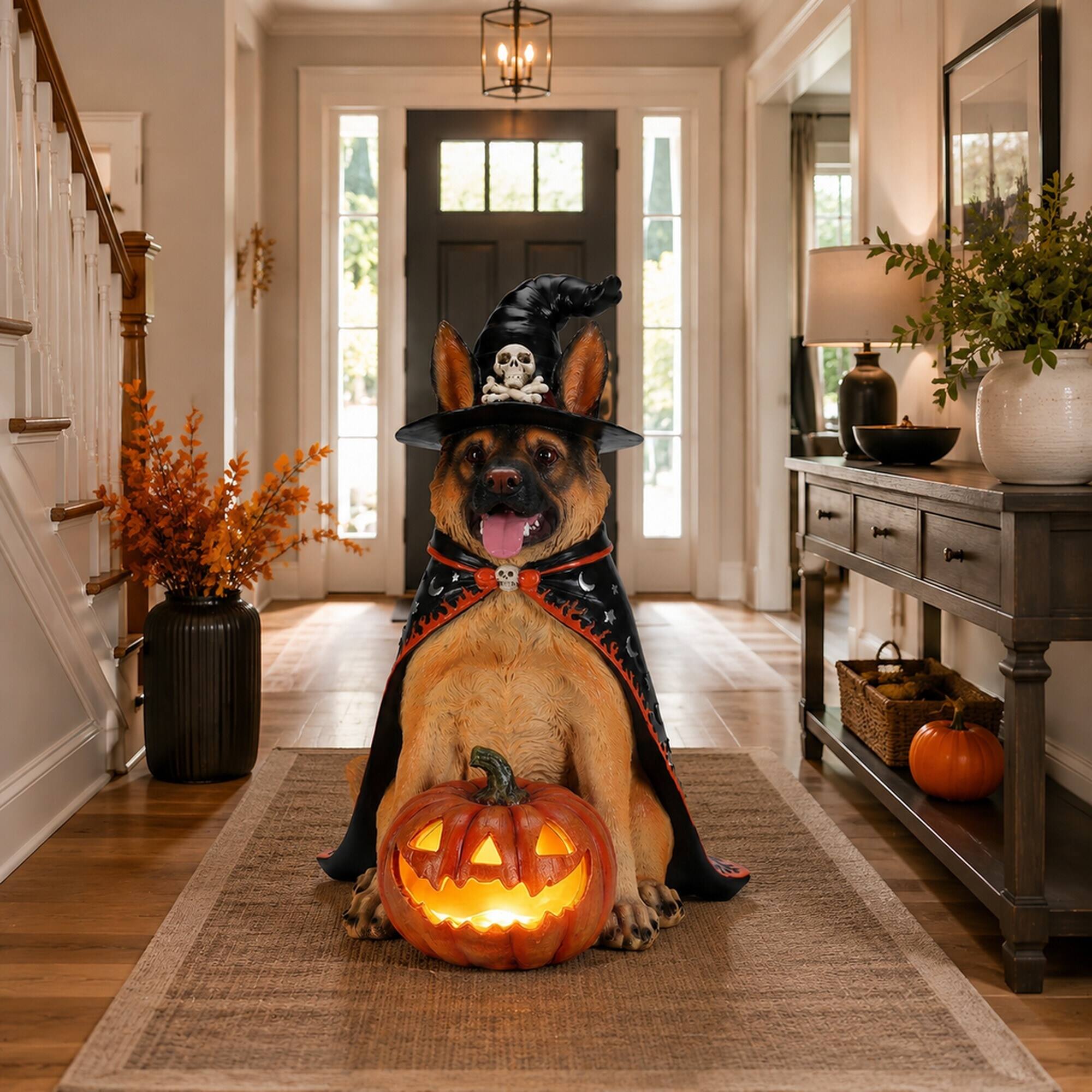 Alt View 1. RYHNUYNE - Halloween German Shepherd Dog Statue with Witch Hat and Cape Paired with LED Pumpkin Lantern for Spooky Porch Decor - Yellow.