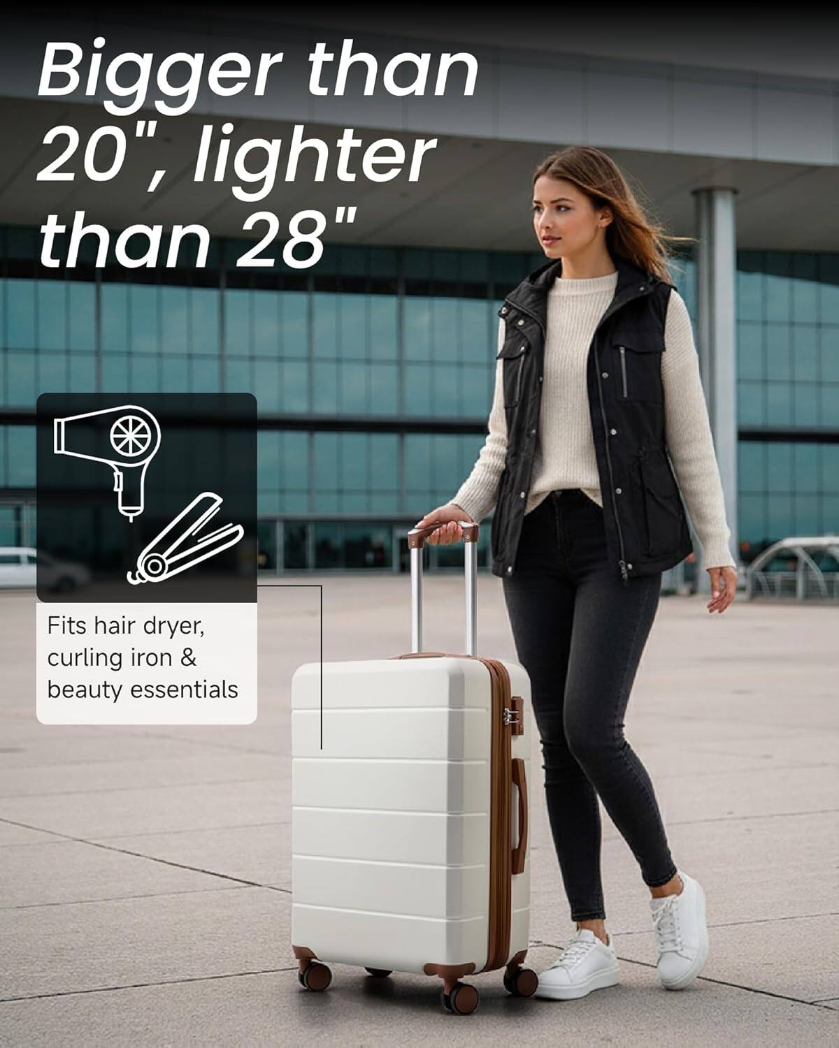 Bigger than 20", lighter than 28"

Fits hair dryer, curling iron & beauty essentials