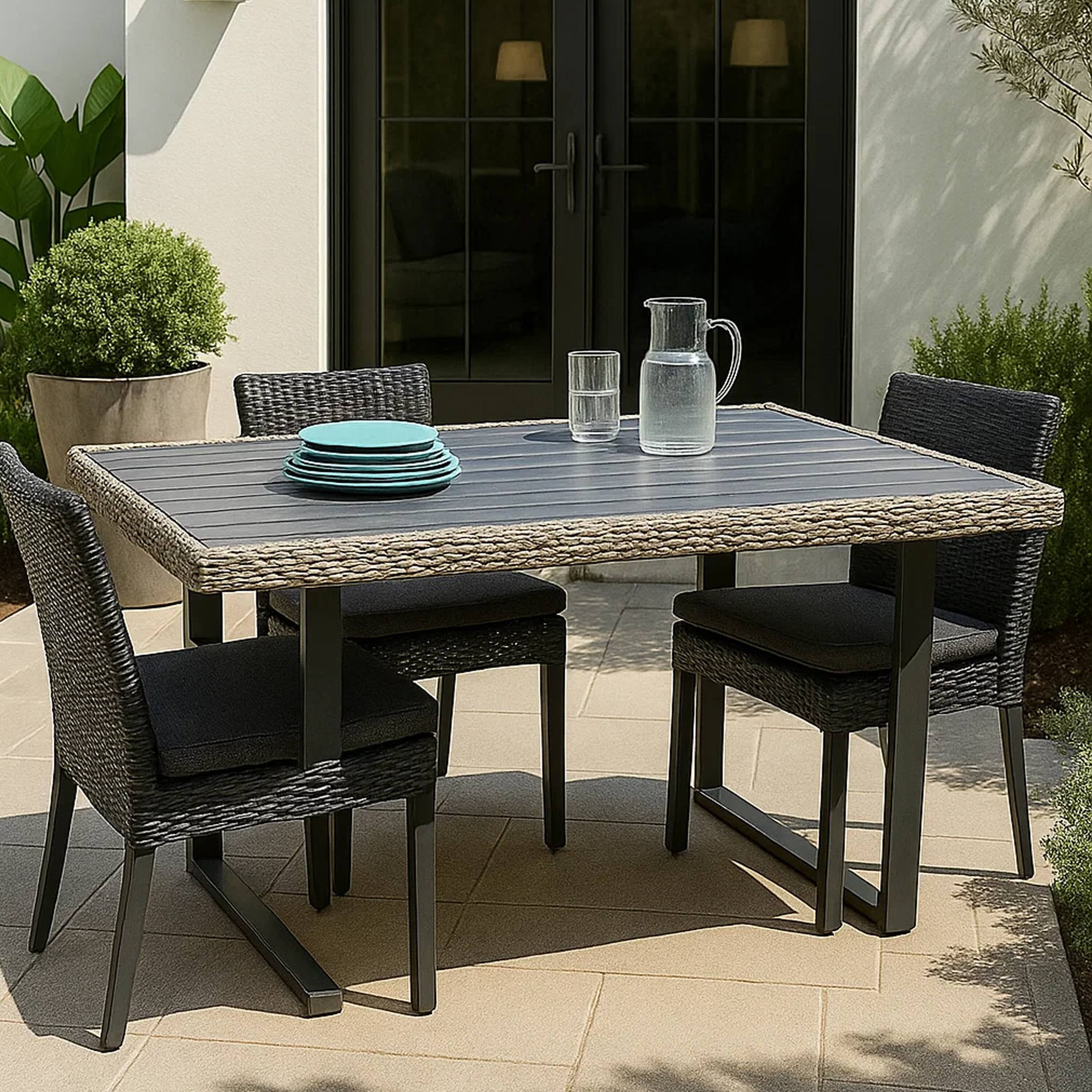 Alt View 5. Manhattan Lane - Foca 63 Inch Outdoor Rectangular Dining Table, Adjustable Height, Wicker - Gray, Brown.