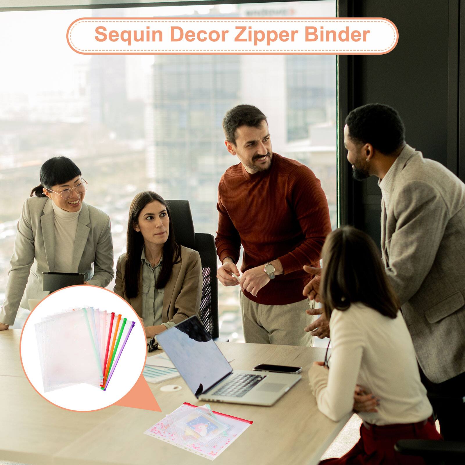Sequin Decor Zipper Binder