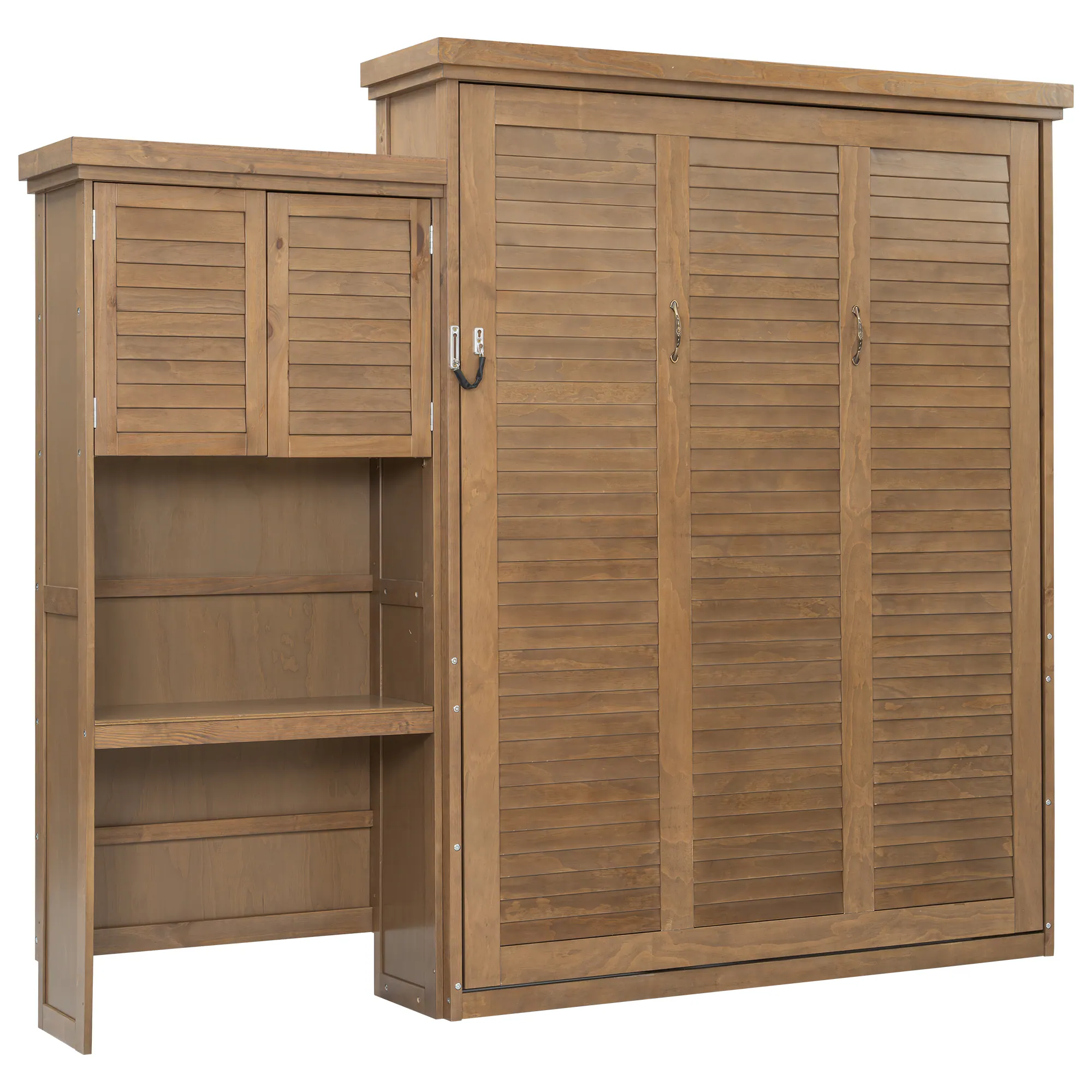 Alt View 1. Whisen - Queen Size Murphy Bed, Space-Saving Folding Bed Frame with Integrated Storage Shelves, Louvered Design - Wood.