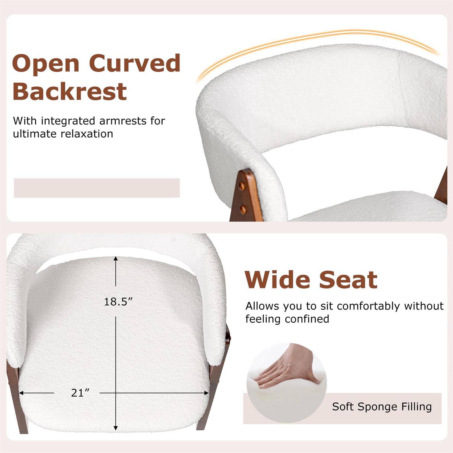 Open Curved Backrest  
With integrated armrests for ultimate relaxation  

Wide Seat  
18.5" Wide Seat  
Allows you to sit comfortably without feeling confined  
21" Soft Sponge Filling