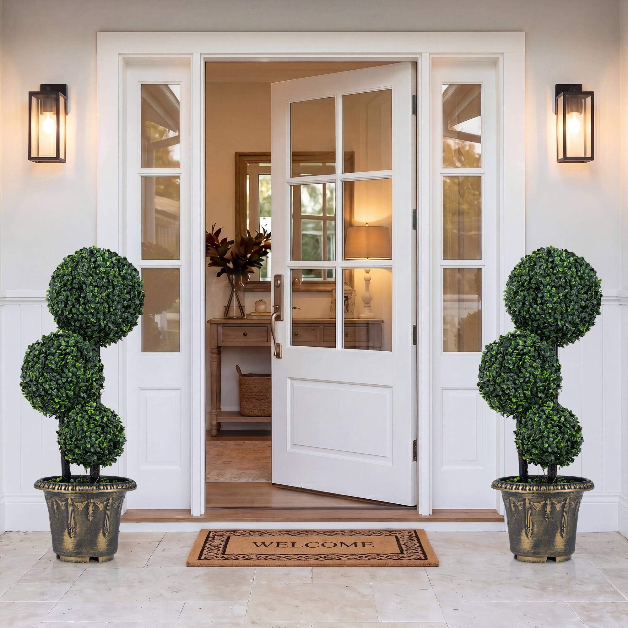 Alt View 3. Costway - Costway 2 PCS 2.5 FT Artificial Boxwood Topiary Tree, Sun-Protective Triple Ball Shrubs - Green, Black, Golden.