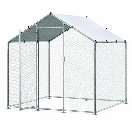 Front. RYHNUYNE - Metal Chicken Coop, 6.56x6.56x6.56 ft Walk-in Run, Spire Roof, PE Cover, Galvanized Steel.