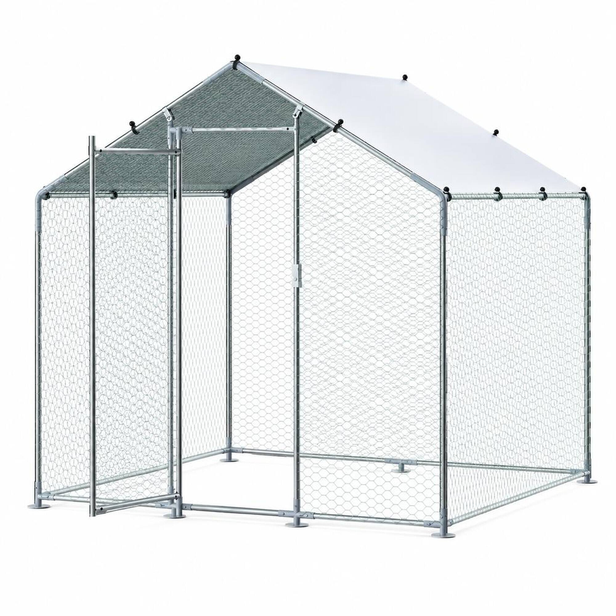 Front. RYHNUYNE - Metal Chicken Coop, 6.56x6.56x6.56 ft Walk-in Run, Spire Roof, PE Cover, Galvanized Steel.