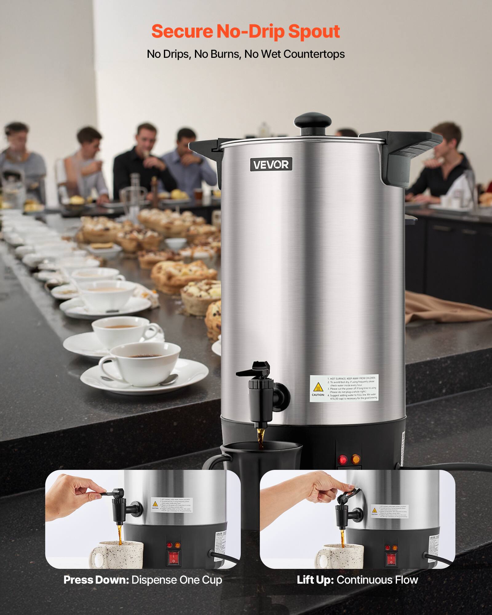 Secure No-Drip Spout  
No Drips, No Burns, No Wet Countertops  

Press Down: Dispense One Cup  
Lift Up: Continuous Flow