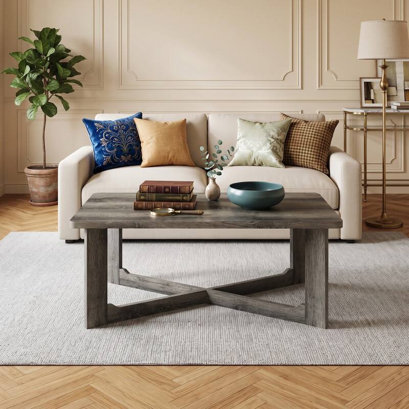 Angle. WELLFOR - 44" Rectangle Coffee Table with X-Shaped Base, Wood Center Table  for Living Room - Gray.