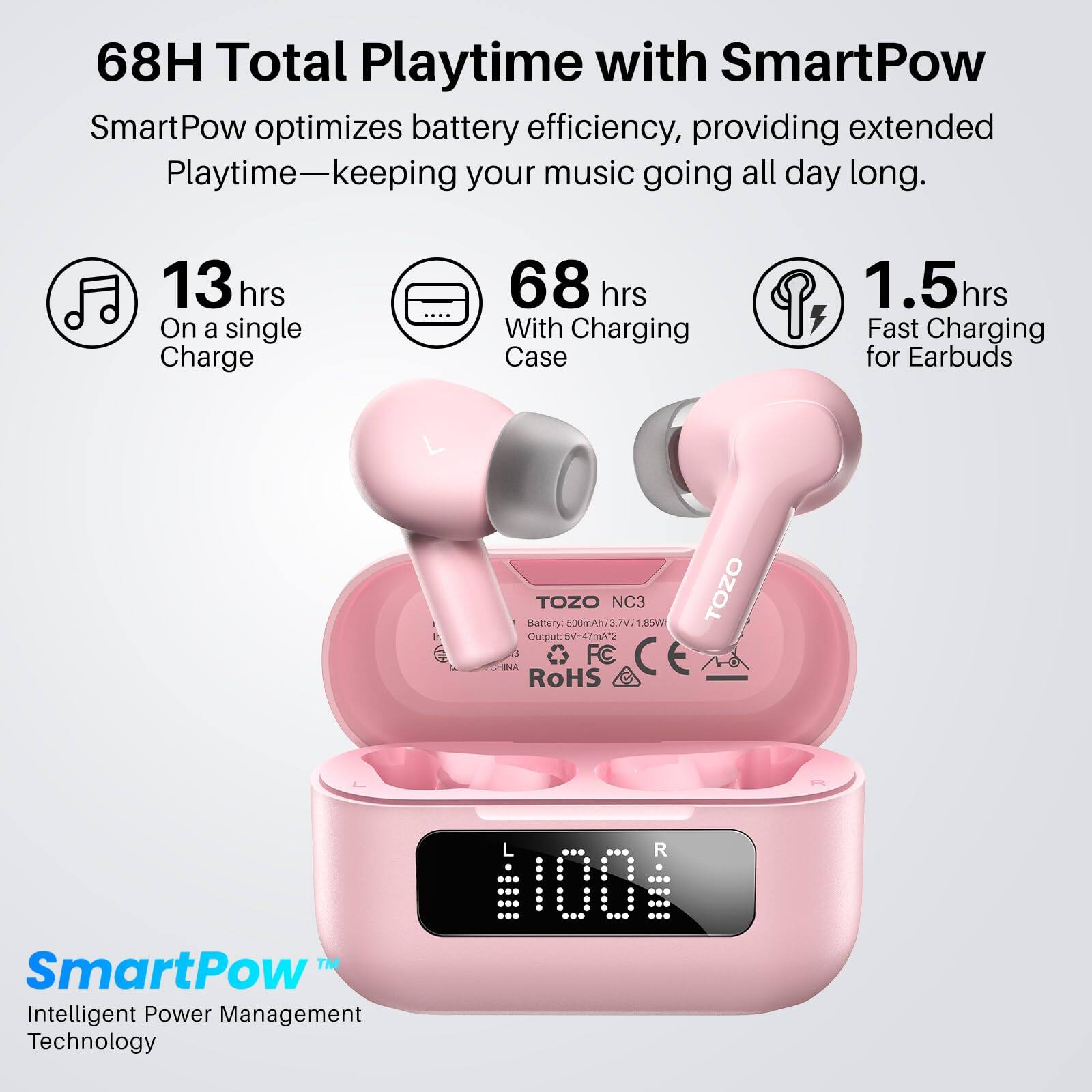 68H Total Playtime with SmartPow

SmartPow optimizes battery efficiency, providing extended Playtime—keeping your music going all day long.

- 13 hrs On a single Charge
- 68 hrs With Charging Case
- 1.5 hrs Fast Charging for Earbuds

SmartPow™ Intelligent Power Management Technology