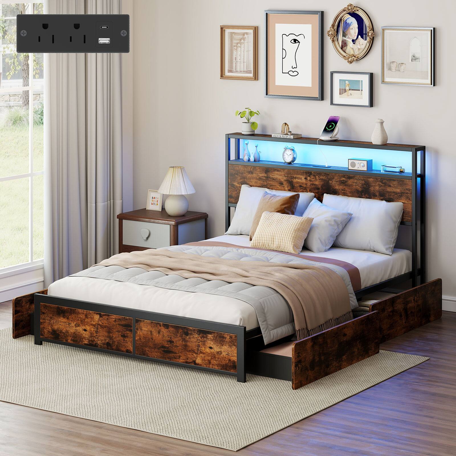 Alt View 3. Gymax - Gymax Full Size LED Bed Frame w/2-Tier Storage Headboard & 4 Drawers Charging Station - Brown.