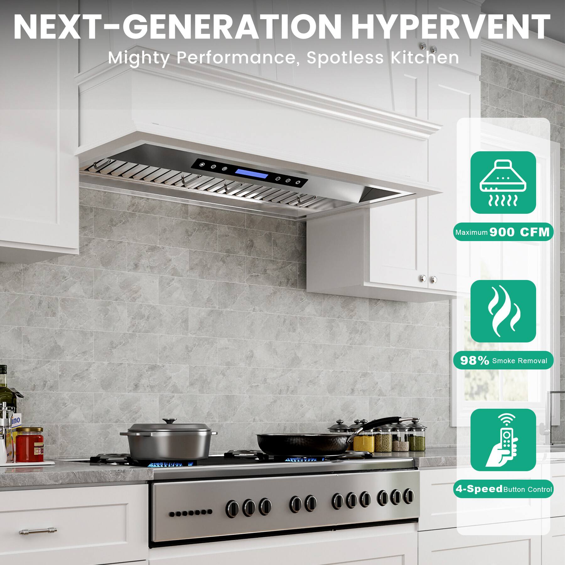 NEXT-GENERATION HYPERVENT  
Mighty Performance, Spotless Kitchen  

- Maximum 900 CFM  
- 98% Smoke Removal  
- 4-Speed Button Control