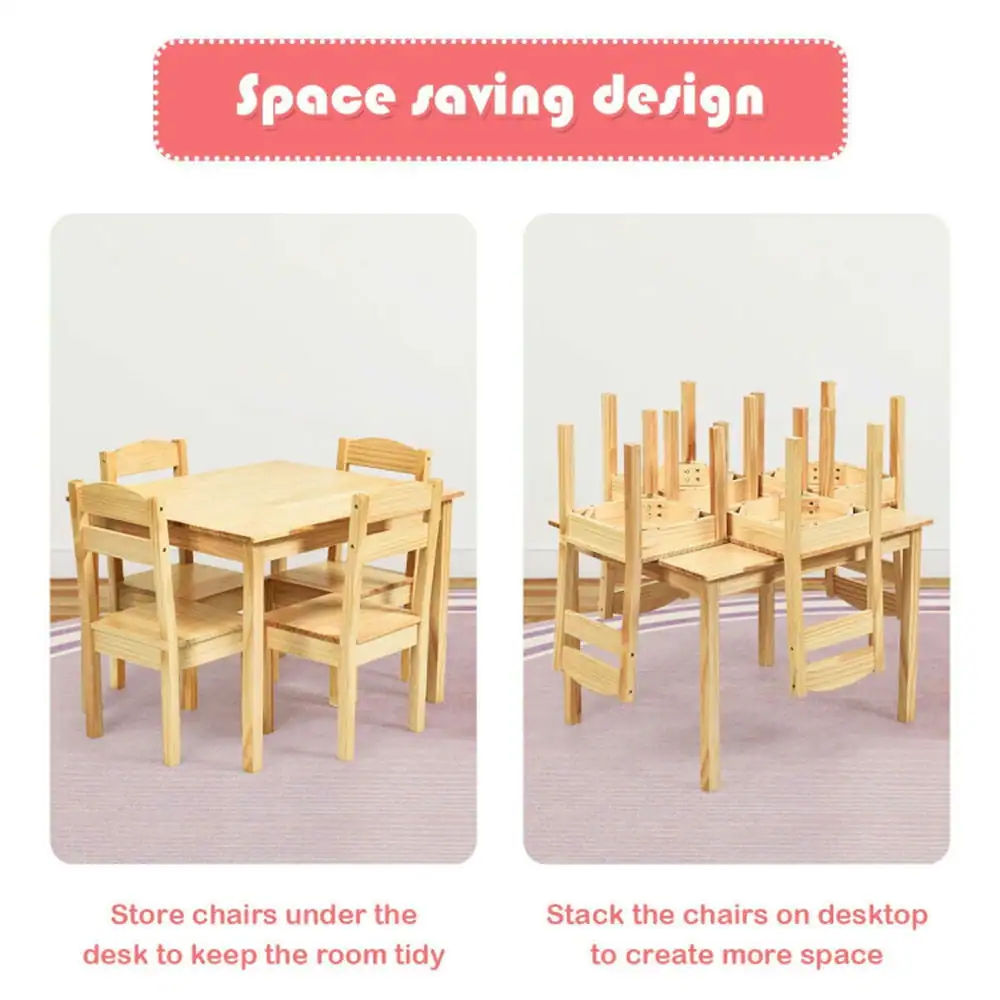 Space saving design

Store chairs under the desk to keep the room tidy

Stack the chairs on desktop to create more space