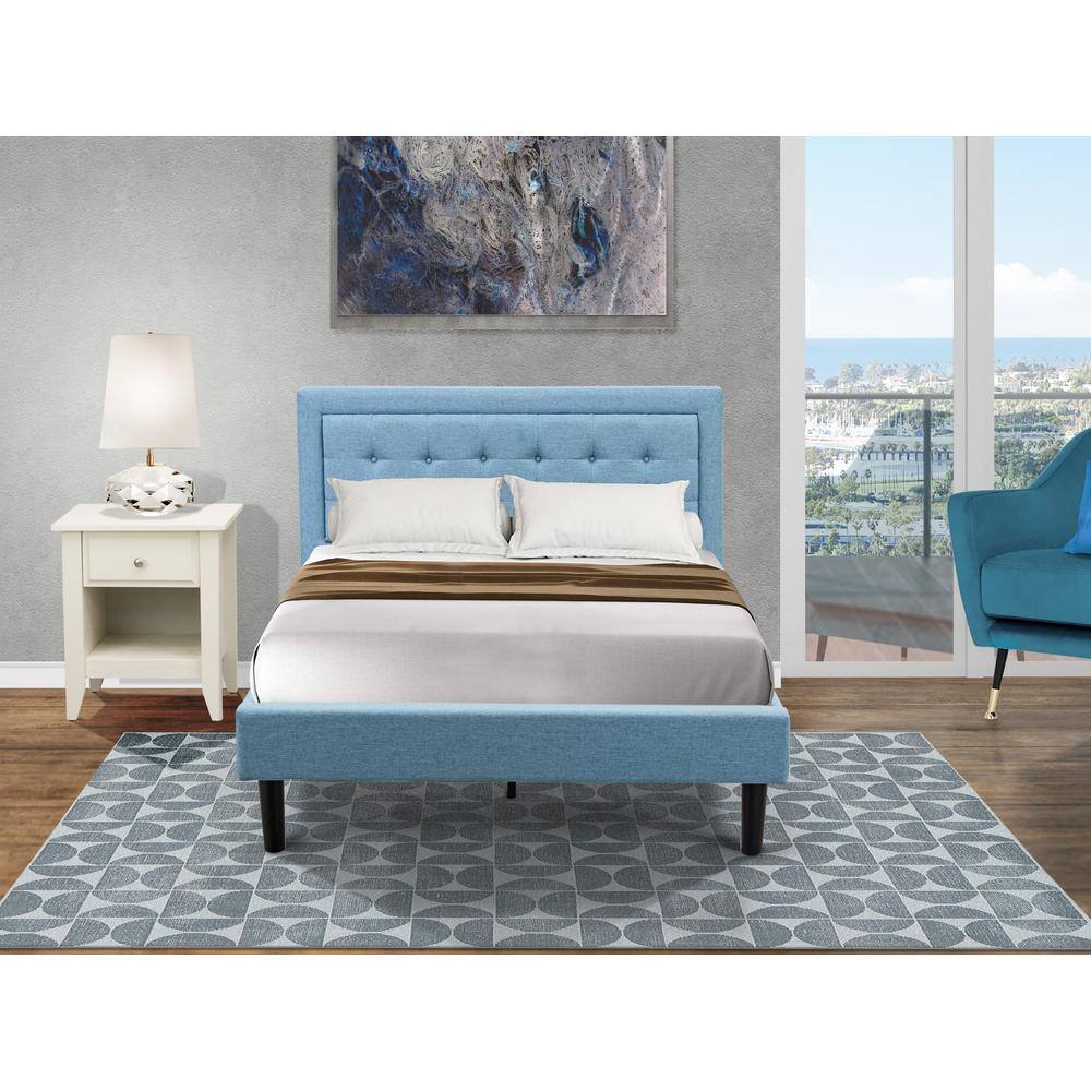 Alt View 4. East West Furniture - FN11F-1GA0C 2-Piece Platform Full Bedroom Set with 1 Full Bed Frame and a Wooden Night Stand - Denim Blue Linen Fabric - Denim Blue.