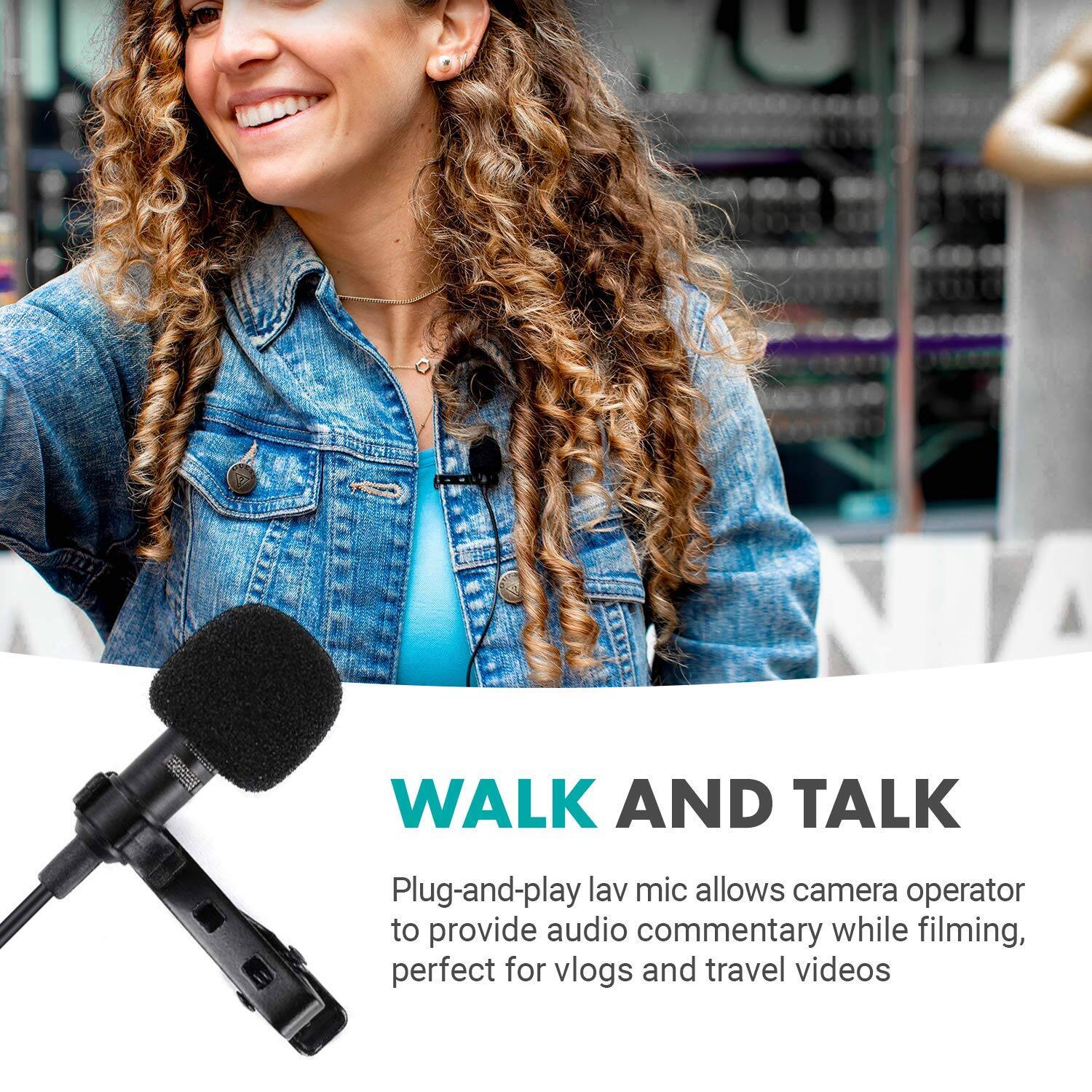 WALK AND TALK

Plug-and-play lav mic allows camera operator to provide audio commentary while filming, perfect for vlogs and travel videos