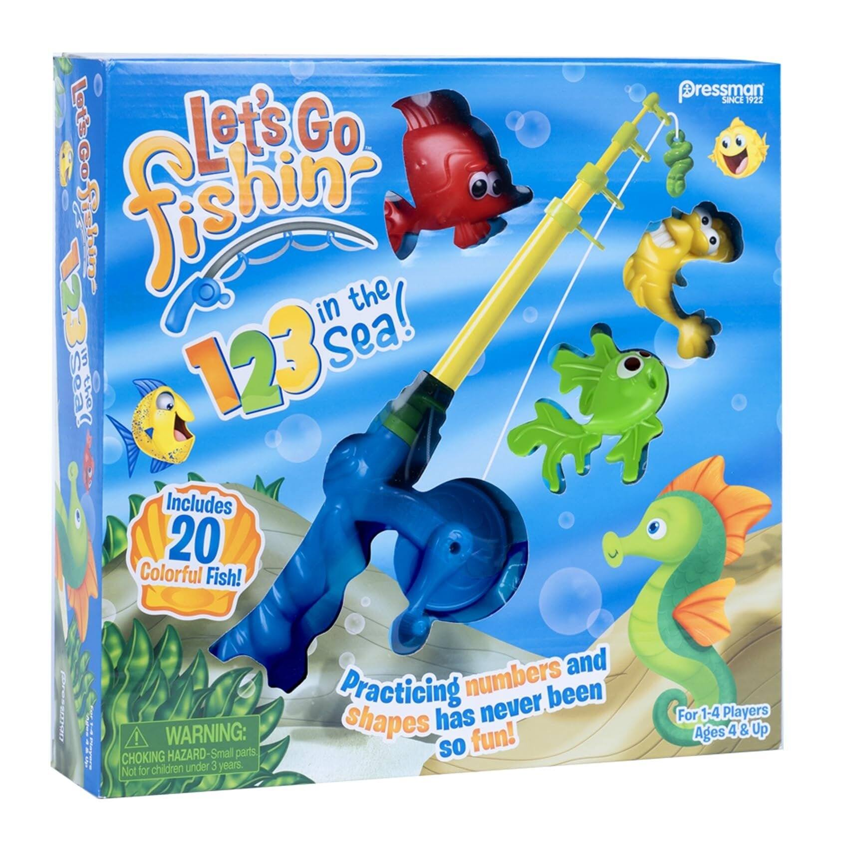Let's Go Fishin' in the 123 Sea!  
Includes 20 Colorful Fish!  
Practicing numbers and shapes has never been so fun!  
WARNING: CHOKING HAZARD-Small parts, Not for children under 3 years.  
Pressman SINCE 1922  
For 1-4 Players Ages 4 & Up