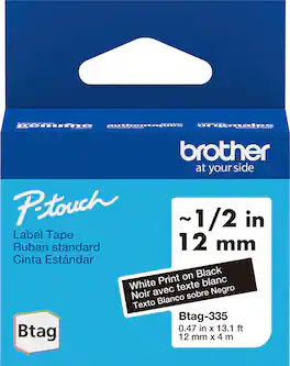 Brother - P-touch Btag White on Black Label Tape (BTAG335), 1/2" x 13.1' (12mm x 4m), Only for use with PT-N10, PT-N20, PT-N25BT