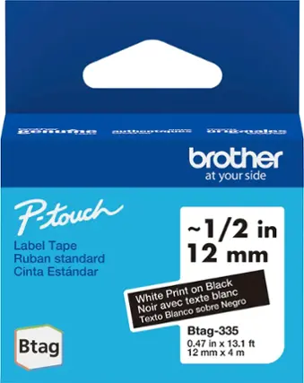 P...... Brother at your side Petouch 1/2 in Label Tape Ruban standard 12 mm Cinta Estndar on Black White Print blanc avec texte Negro Noir Blanco sobre Texto Btag-335 0.47 in x 13.1 ft Btag 12 mm X 4 m