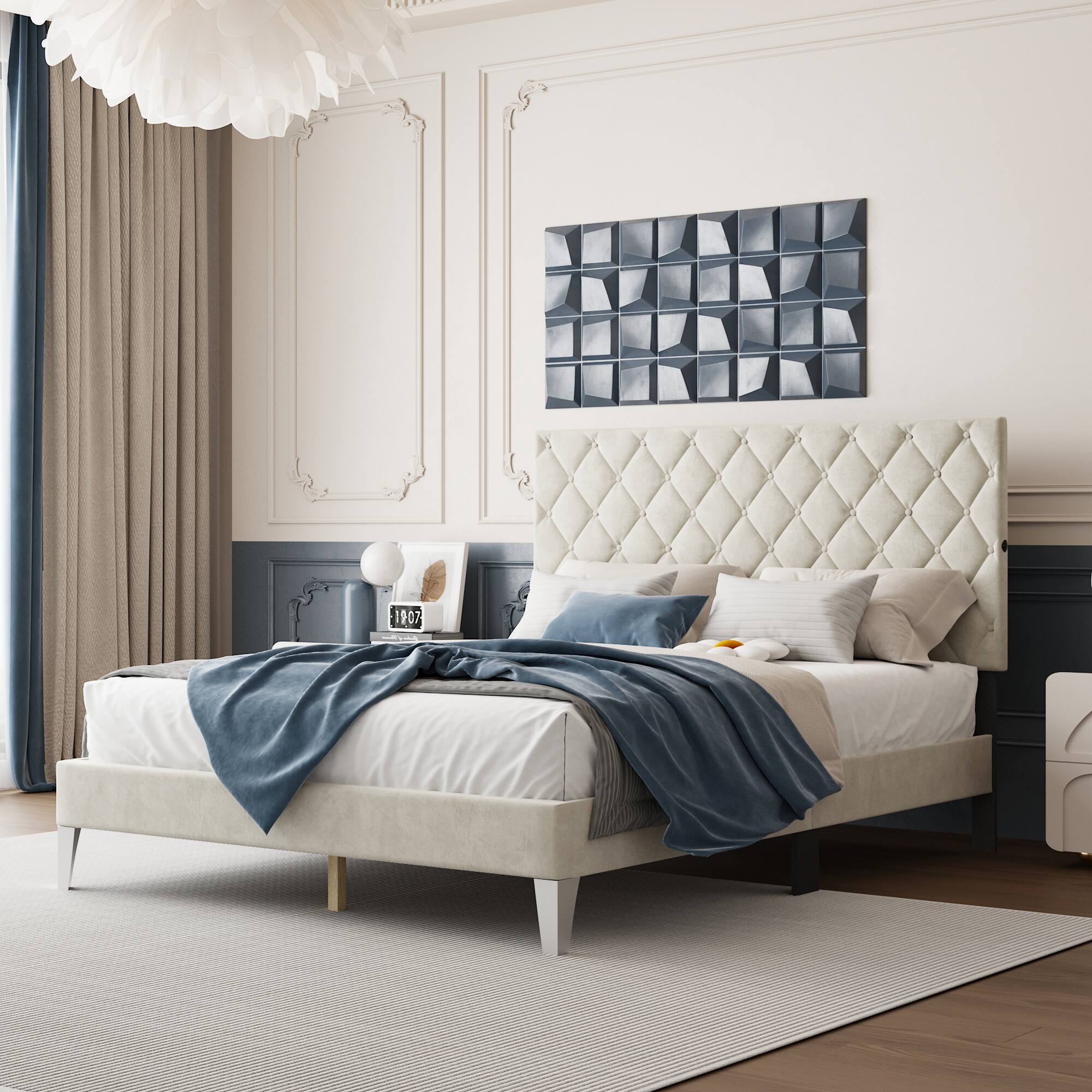 Alt View 8. Famapy - Famapy Upholstered Bed Frame - Tufted Headboard, Sturdy Slats, Modern Design - White.