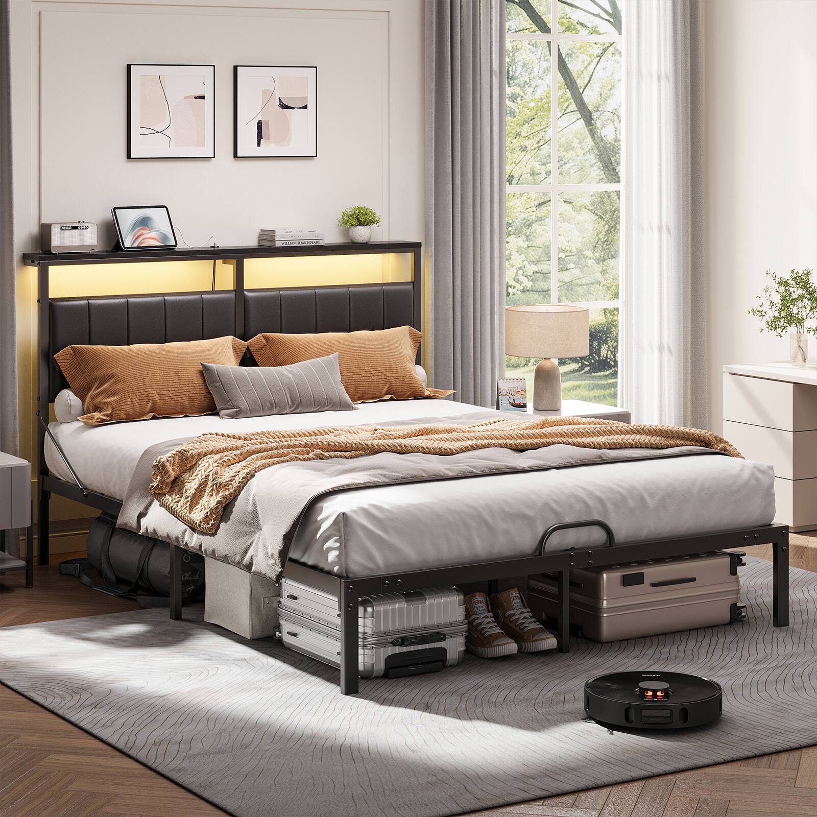 Back. Bestier - Queen Size Bed Frame with Upholstered Headboard，Metal Platform with LED Lights, USB Charging Station & Storage Shelf - Black PU Leather.