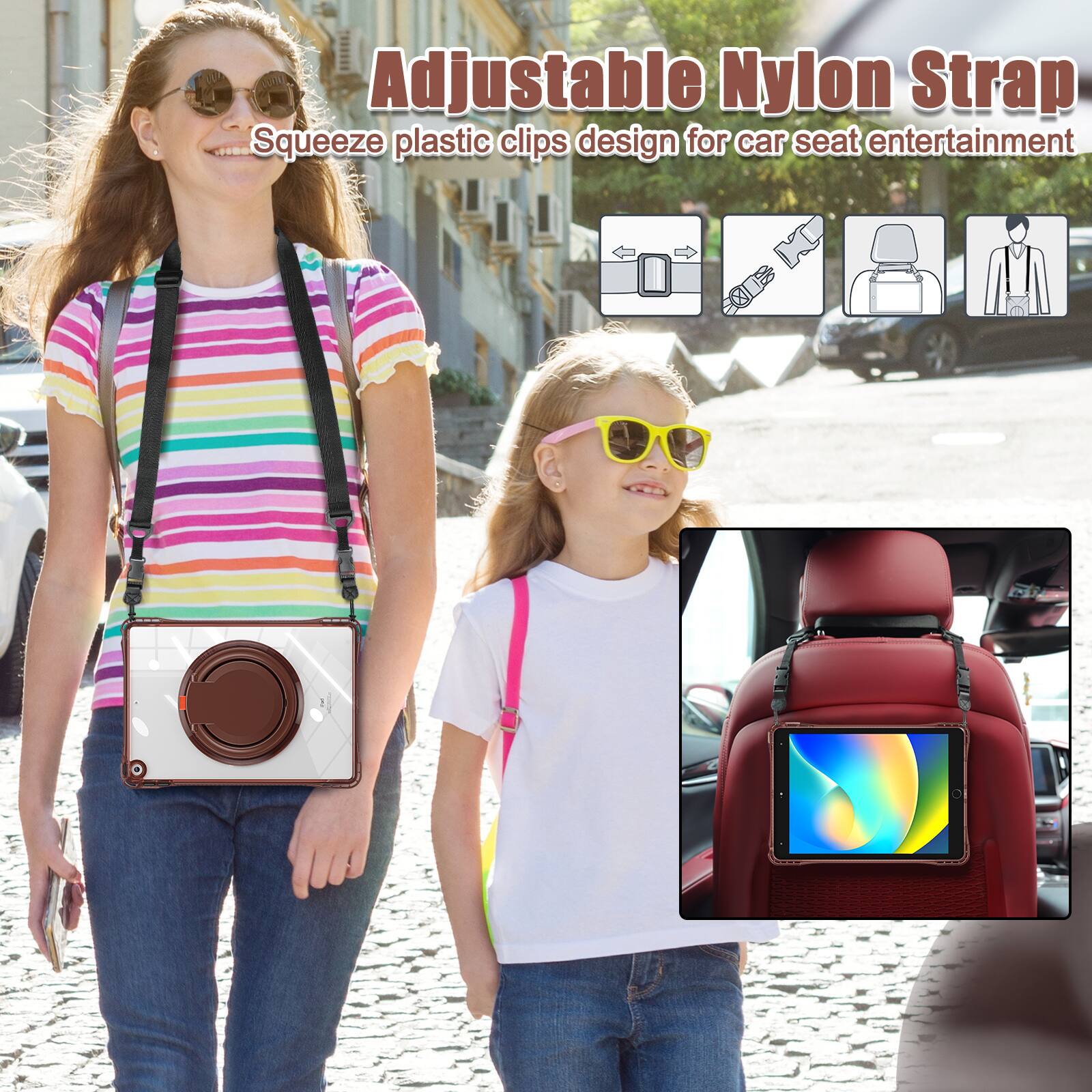 Adjustable Nylon Strap  
Squeeze plastic clips design for car seat entertainment