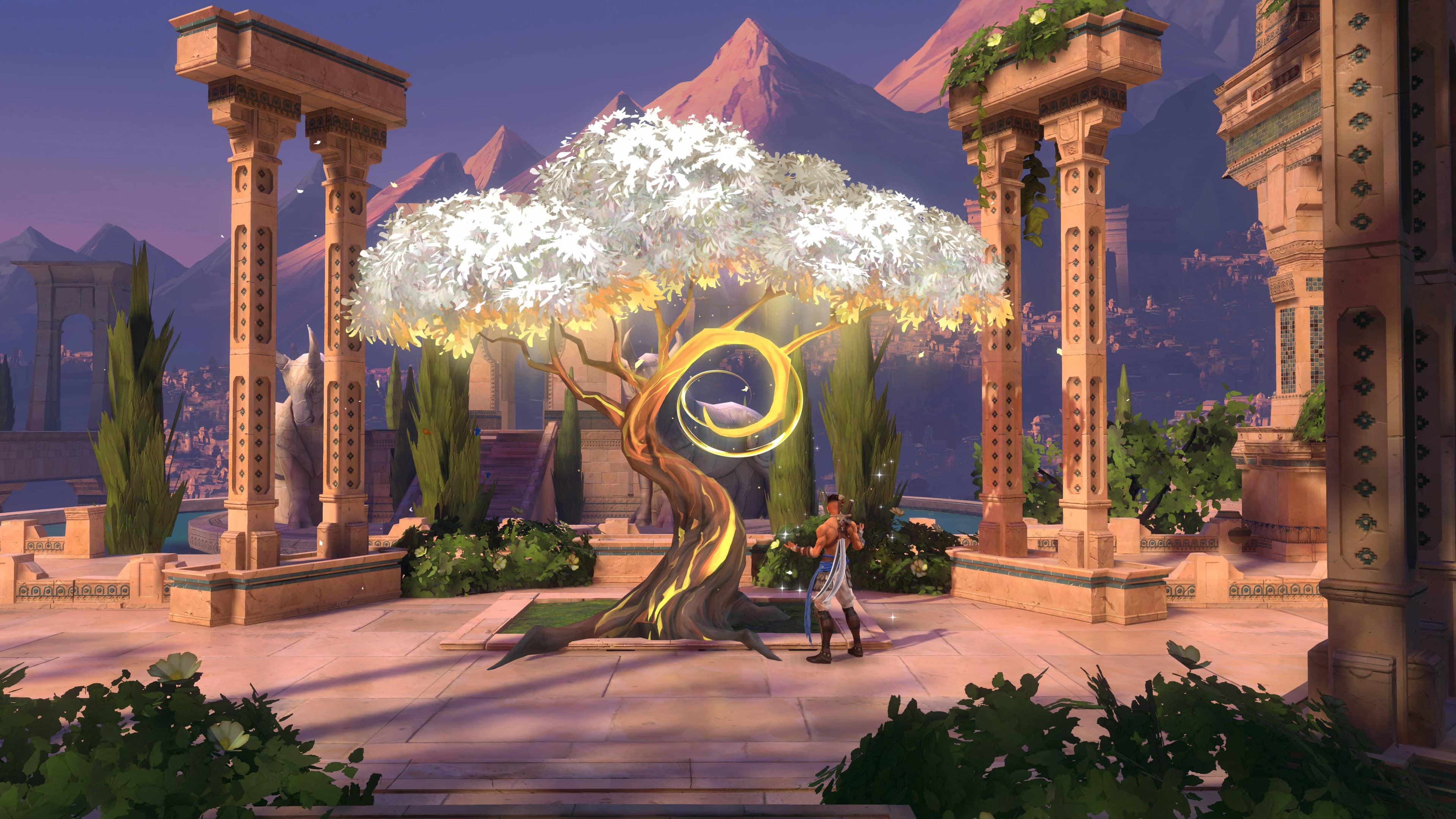 The text "ATATRRCT C 151" is not related to the image. It appears to be a random string of characters or a code. The image features a woman standing under a tree with a cloud-like structure above her, and she is holding a small child. The scene takes place in front of a building with a large tree and a fountain.