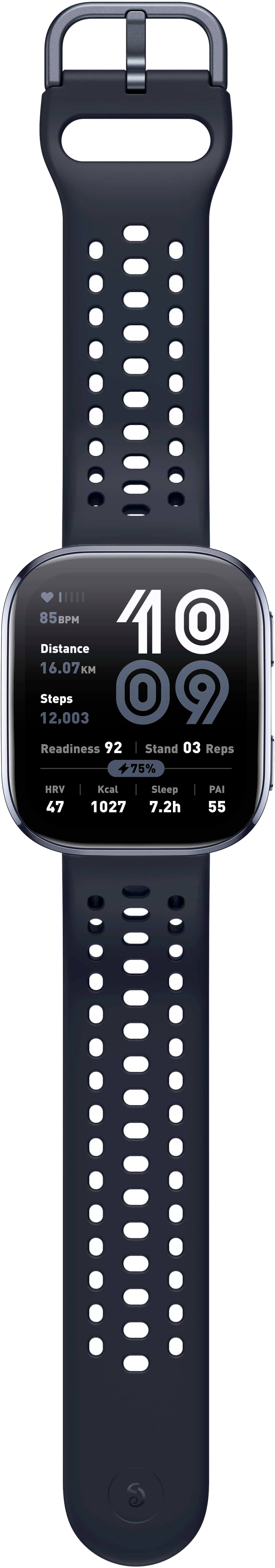 The text on the image reads: "85PM 10 Distance 16.07 Steps 12.003 0 Readiness 92 Stand 03 Reps 75% HRV 47 Kcal 1027 Sleep 7.2h PAI 55 S."