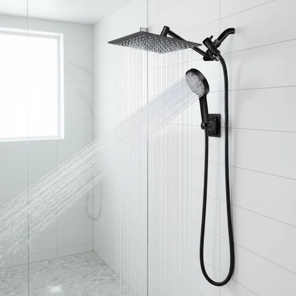 Alt View 1. Dazzed Corner - 10” Rain Shower Head & Handheld Combo with Adjustable Arm & Flow Regulator - Black.
