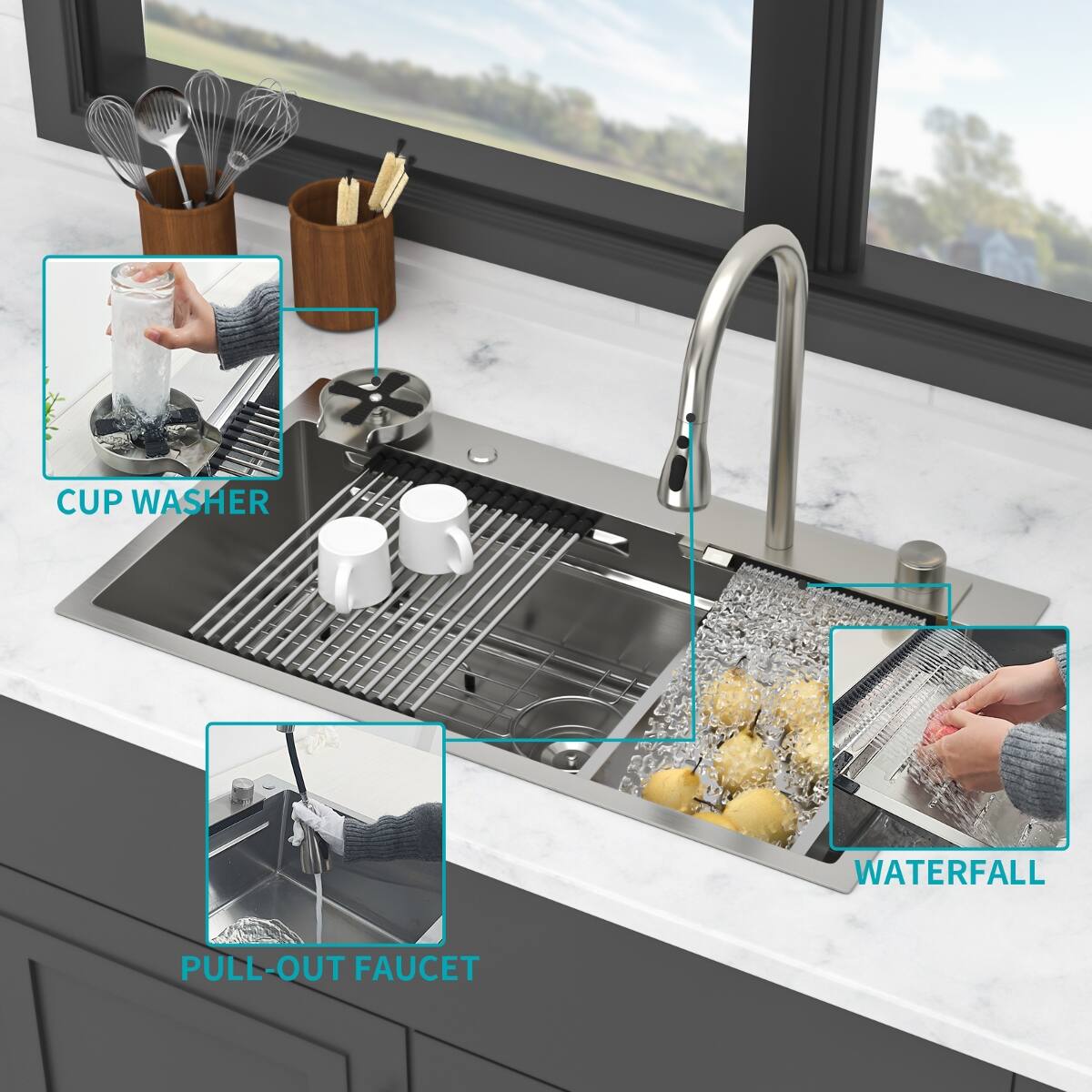 Ropilly 33 inch workstation kitchen sink, top mount single bowl kitchen ...