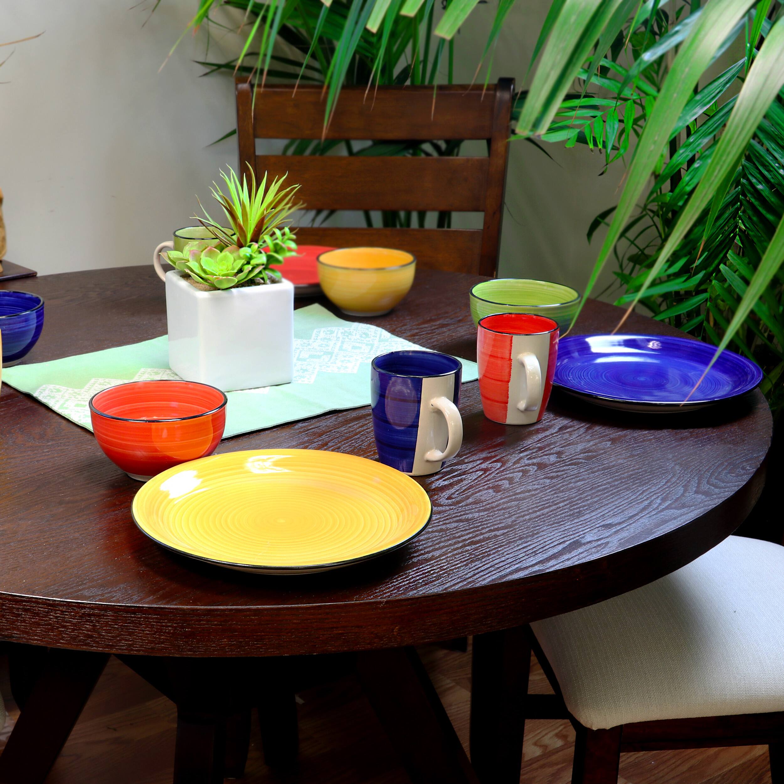 Alt View 9. Gibson - Gibson Home Color Vibes 12 Piece Handpainted Stoneware Dinnerware Set - Assorted; Blue, Red, Green, Yellow.