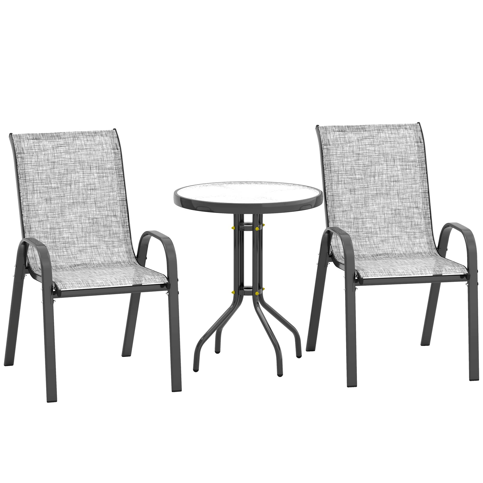 Outsunny - 3 Pieces Outdoor Bistro Set, Small Patio Set with Stackable Mesh Chairs and Glass Top Table - Gray