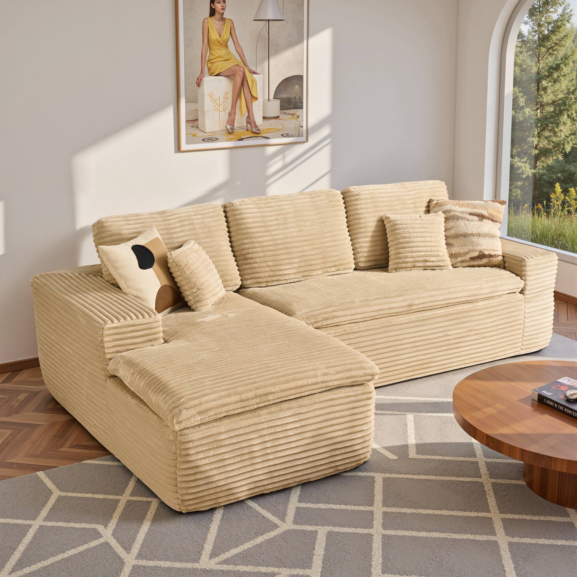 Ovios - 2 Pieces Cloud Like Sectional Sofa, L-Shaped Couch with Chaise for Living Room - Beige(Plush, Left Facing)