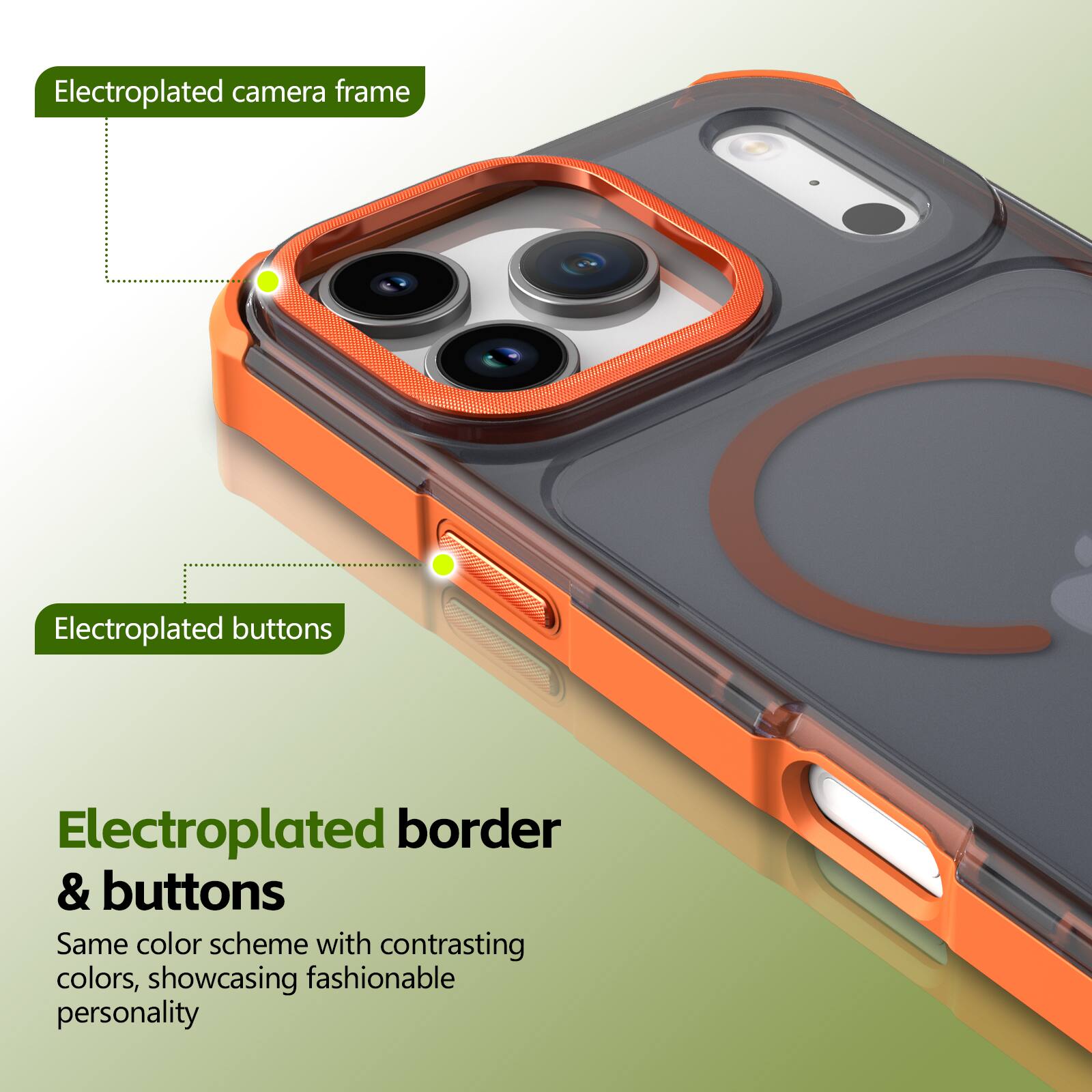 Electroplated camera frame  
Electroplated buttons  
Electroplated border & buttons  

Same color scheme with contrasting colors, showcasing fashionable personality