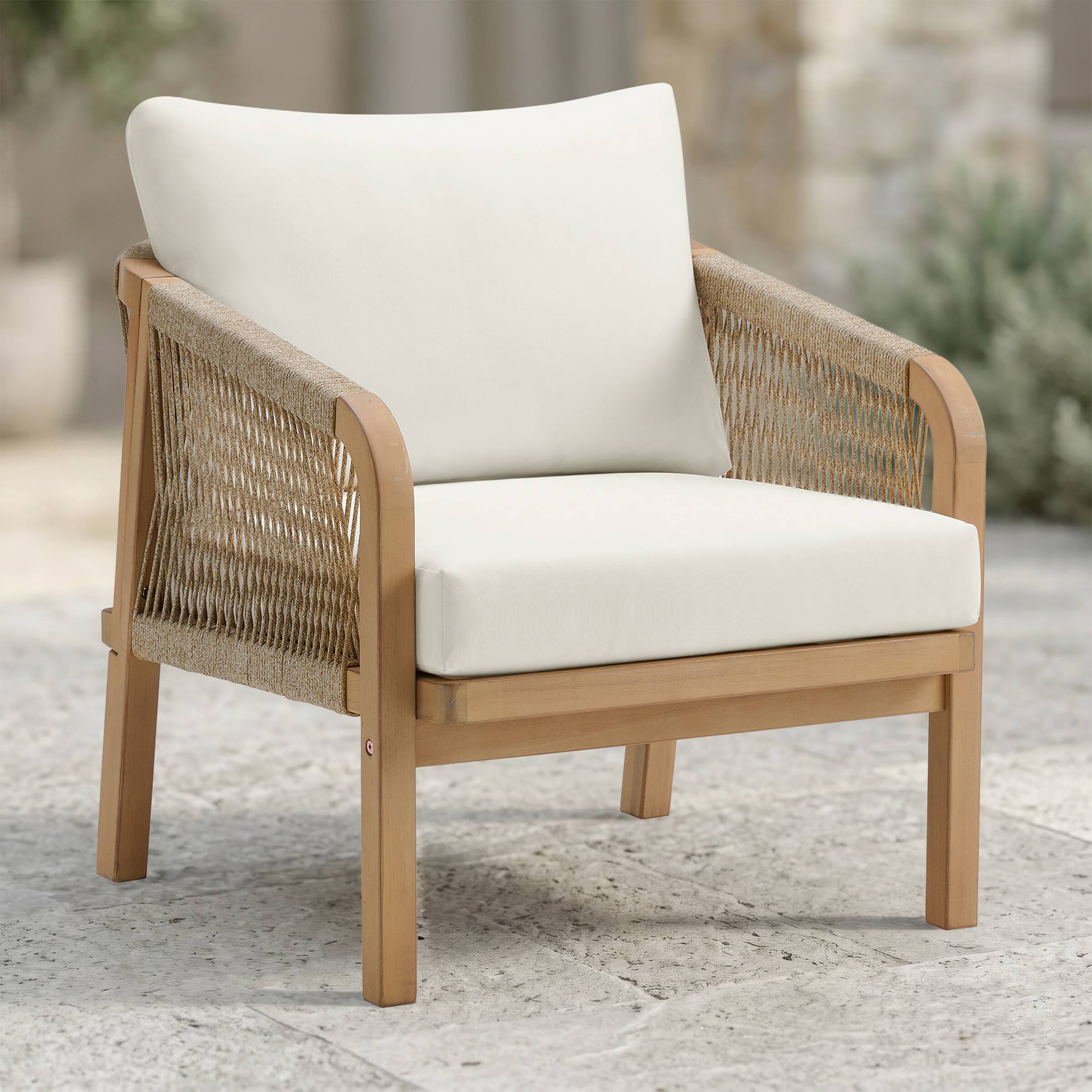 Alt View 6. Alaterre Furniture - Lusso Outdoor Patio Chair Weather-Resistant Eucalyptus Wood Armchair with Thick Cushions and Rope Accent - Brown.