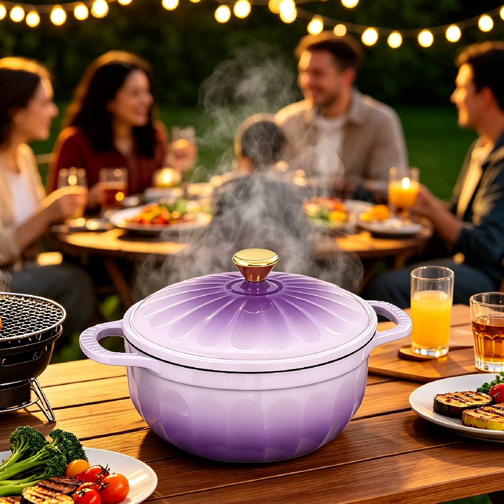 Alt View 6. Winado - 5 QT Enameled Cast Iron Dutch Oven with Gradient Petal Texture,Heat-Resistant Gloves, Pot Mat for Bread Baking, Roasting - Purple.
