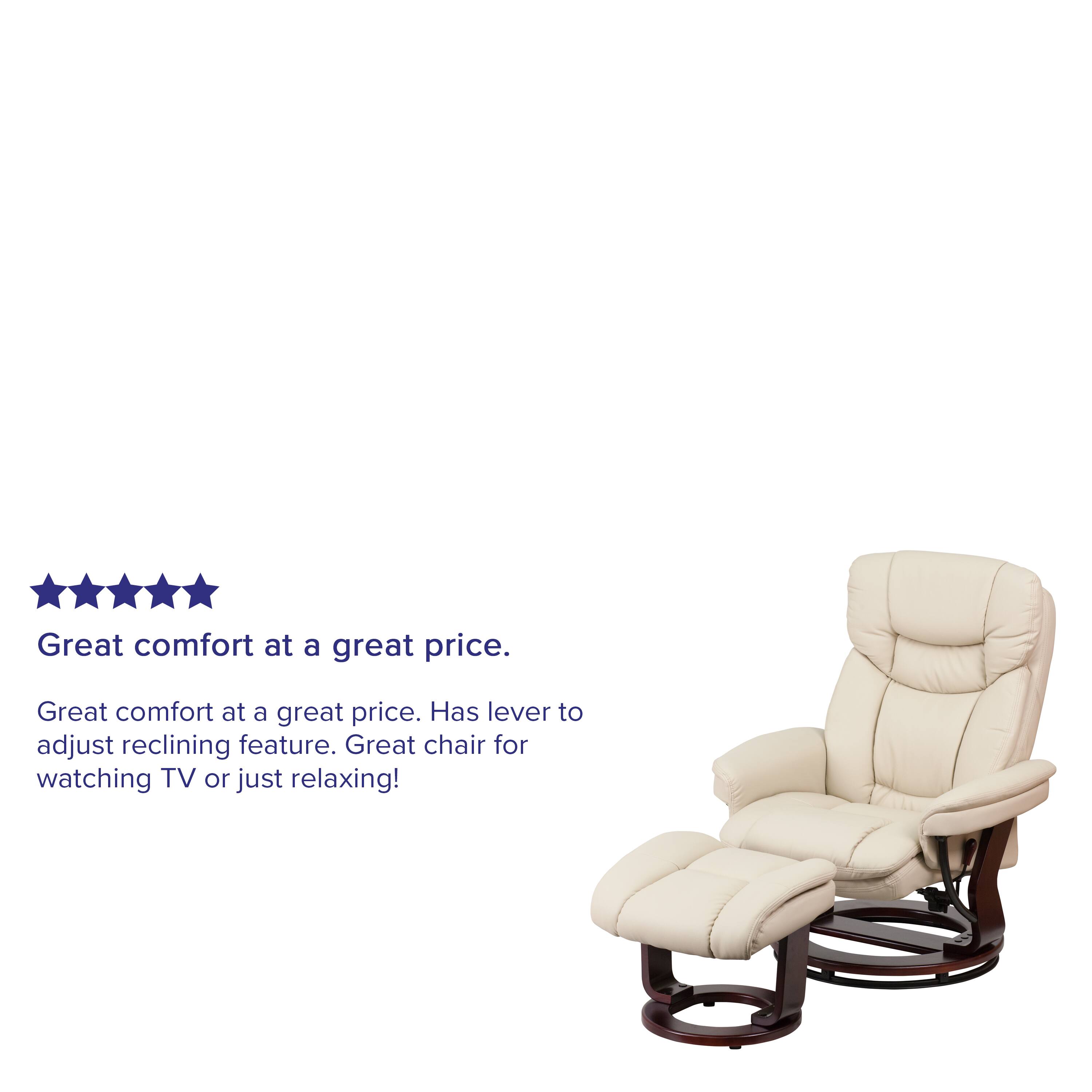 Great comfort at a great price. Great comfort at a great price. Has lever to adjust reclining feature. Great chair for watching TV or just relaxing!