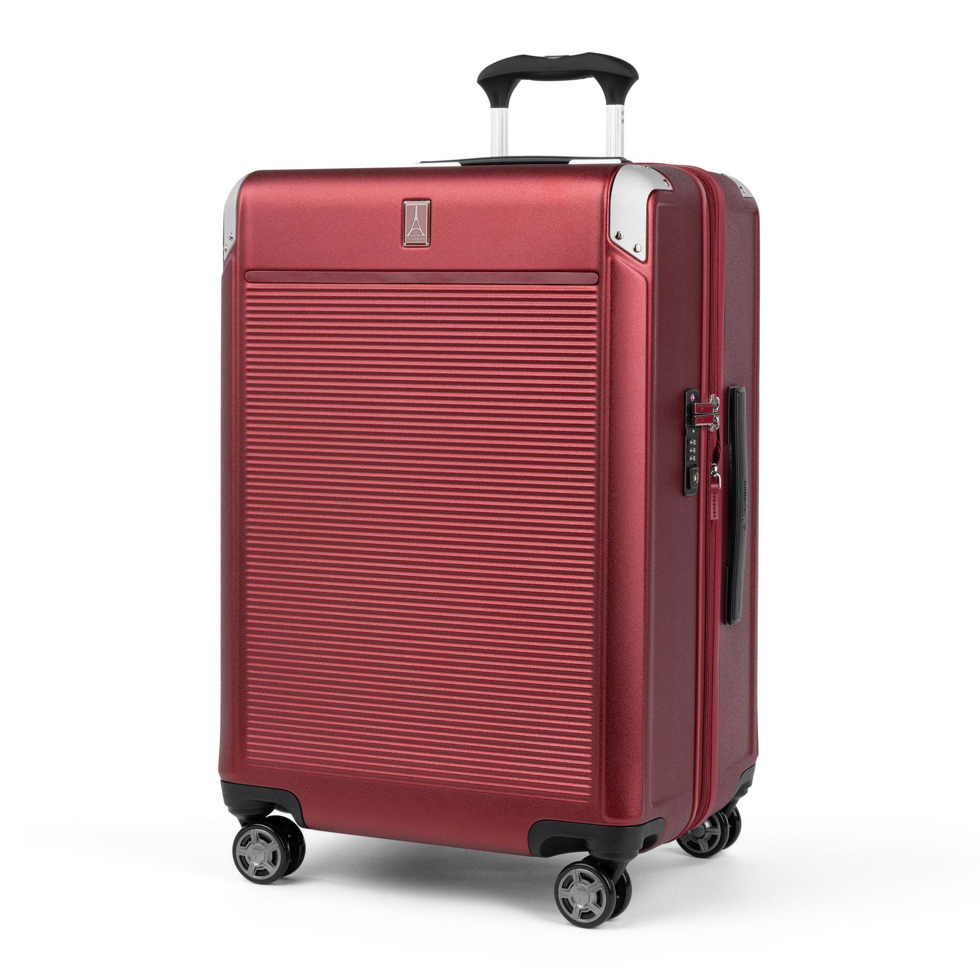 Angle. Travelpro - Platinum Elite Hardside Expandable 25" Medium Checked Spinner Luggage - Daring Red.
