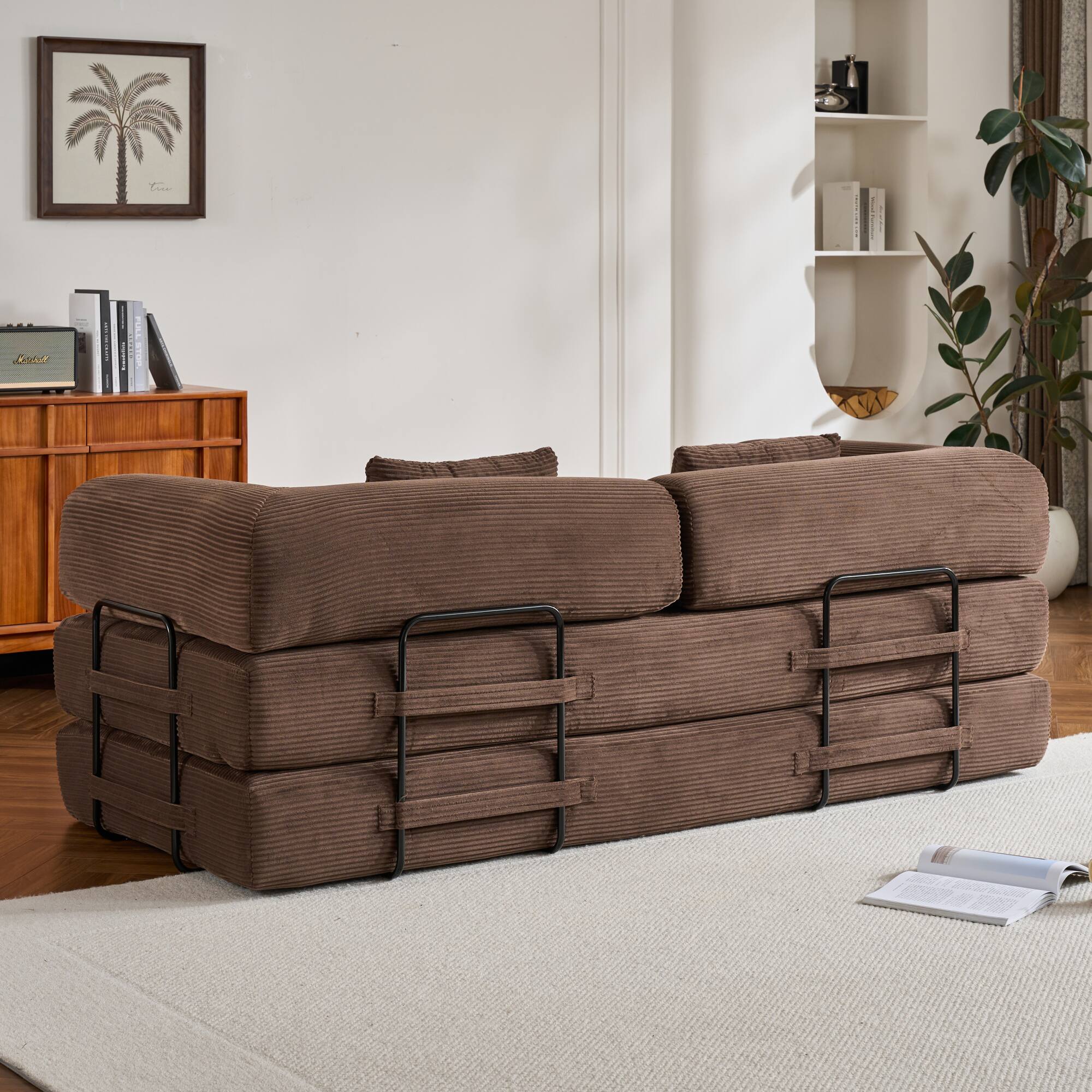 Alt View 6. GOODSILO - Convertible Sleeper Sofa in Cylindroy Fabric | Features a Cylindrical Pillow & Space-Saving Foldable Design - Brown.