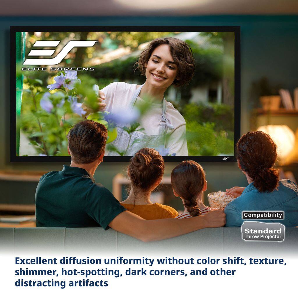 Elite Screens

Compatibility: Standard Throw Projector

Excellent diffusion uniformity without color shift, texture, shimmer, hot-spotting, dark corners, and other distracting artifacts