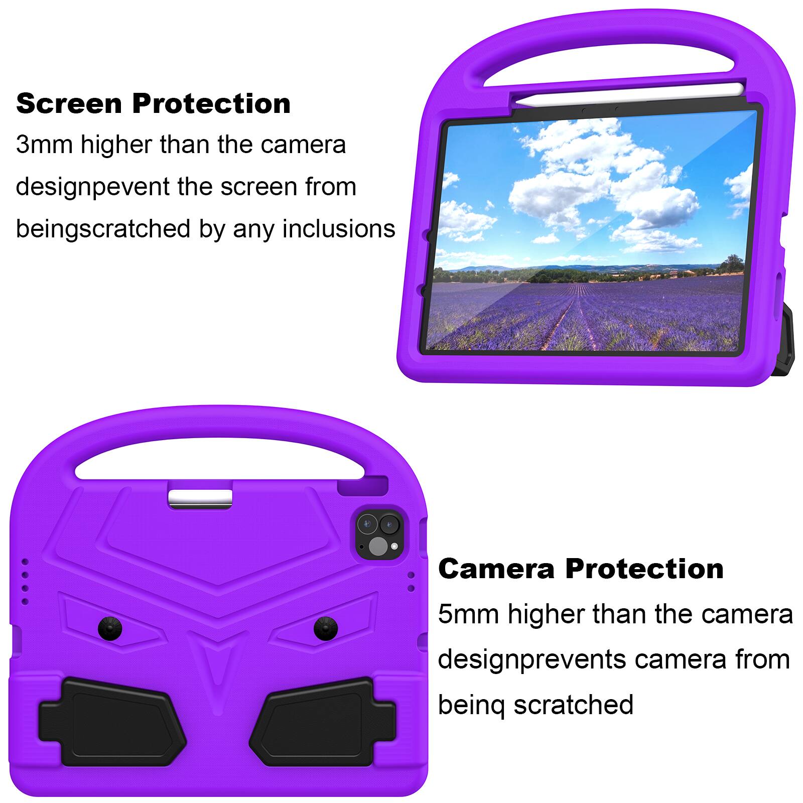 Screen Protection  
3mm higher than the camera design prevents the screen from being scratched by any inclusions  

Camera Protection  
5mm higher than the camera design prevents the camera from being scratched