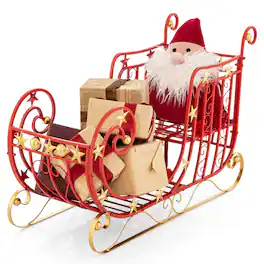 Costway - Red Santa Sleigh with Large Cargo Area for Gifts Metal Christmas Holiday Decor - Red/Golden