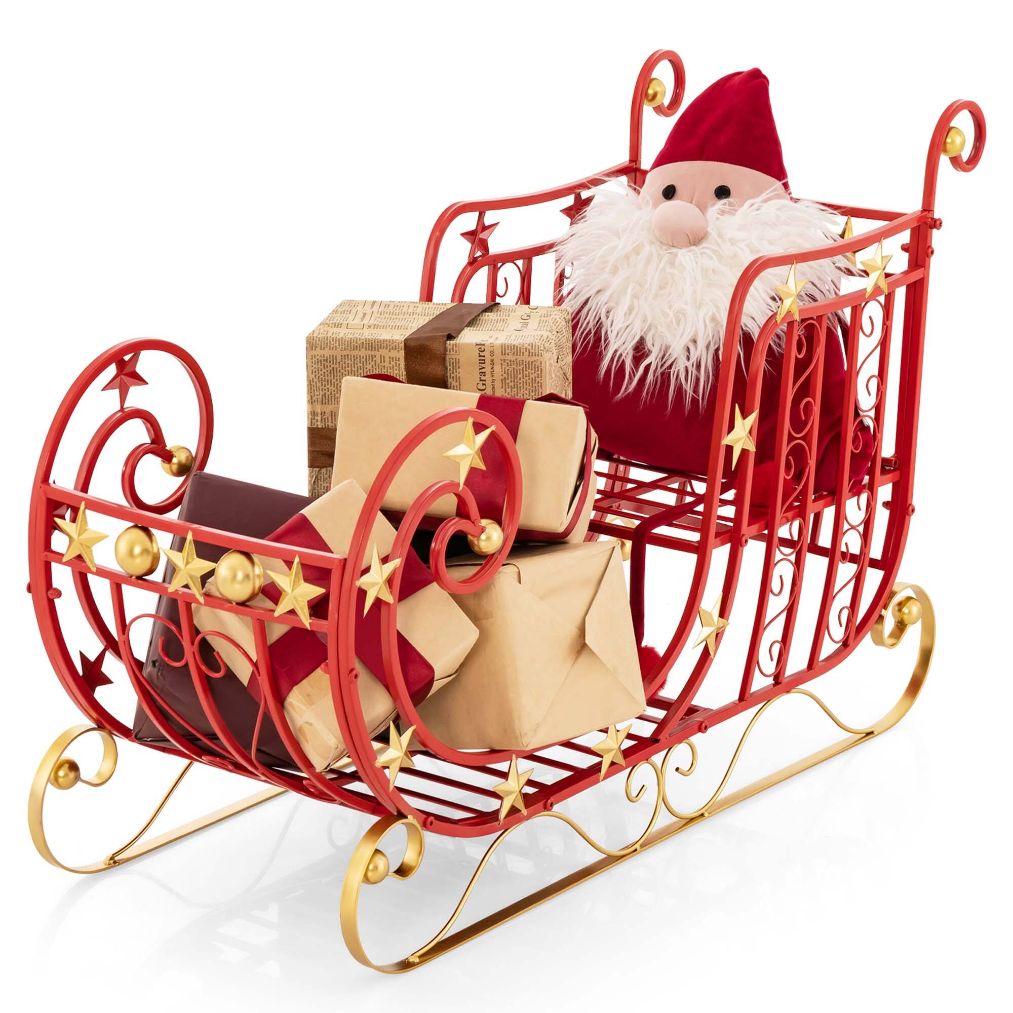 Front. Costway - Red Santa Sleigh with Large Cargo Area for Gifts Metal Christmas Holiday Decor - Red/Golden.