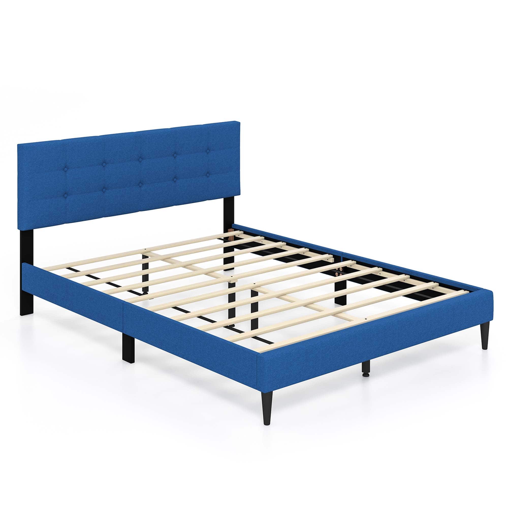 Costway - Queen Upholstered Platform Bed Mattress Foundation Button Tufted Headboard - Blue