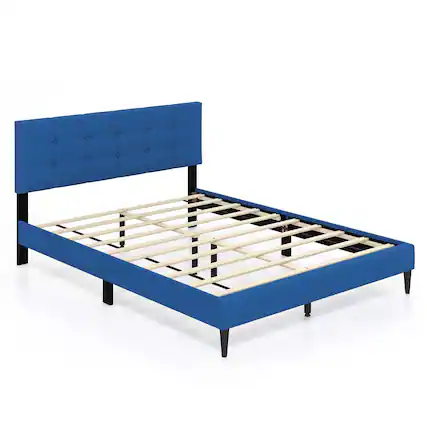 Front. Costway - Costway Queen Upholstered Platform Bed Mattress Foundation Button Tufted Headboard - Blue.