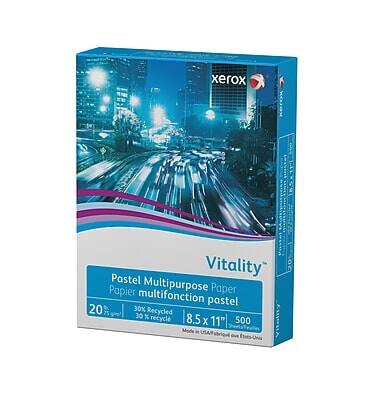 Xerox Vitality Pastel Multipurpose Paper  
Pastel Multipurpose Paper  
20 lb (75 g/m²)  
30% Recycled  
8.5 x 11" 500 sheets  
Made in the USA and Canada