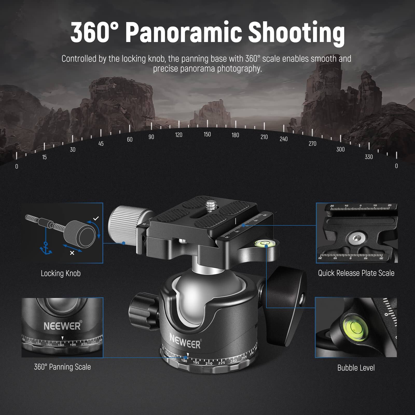 360° Panoramic Shooting

Controlled by the locking knob, the panning base with 360° scale enables smooth and precise panorama photography.

- Locking Knob
- Quick Release Plate Scale
- 360° Panning Scale
- Bubble Level

NEEWER