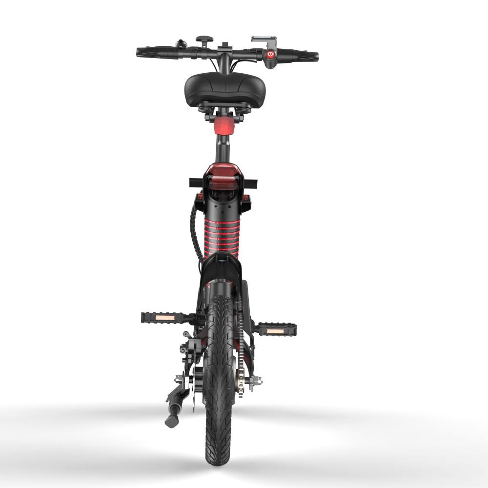Back. MIHOVER - 14-Inch Folding Mini E-Bike for Adults & Teens, 450W Motor, 36V 7.8Ah Battery, 30-Mile Range, Rear Suspension, UL2849 - Black.