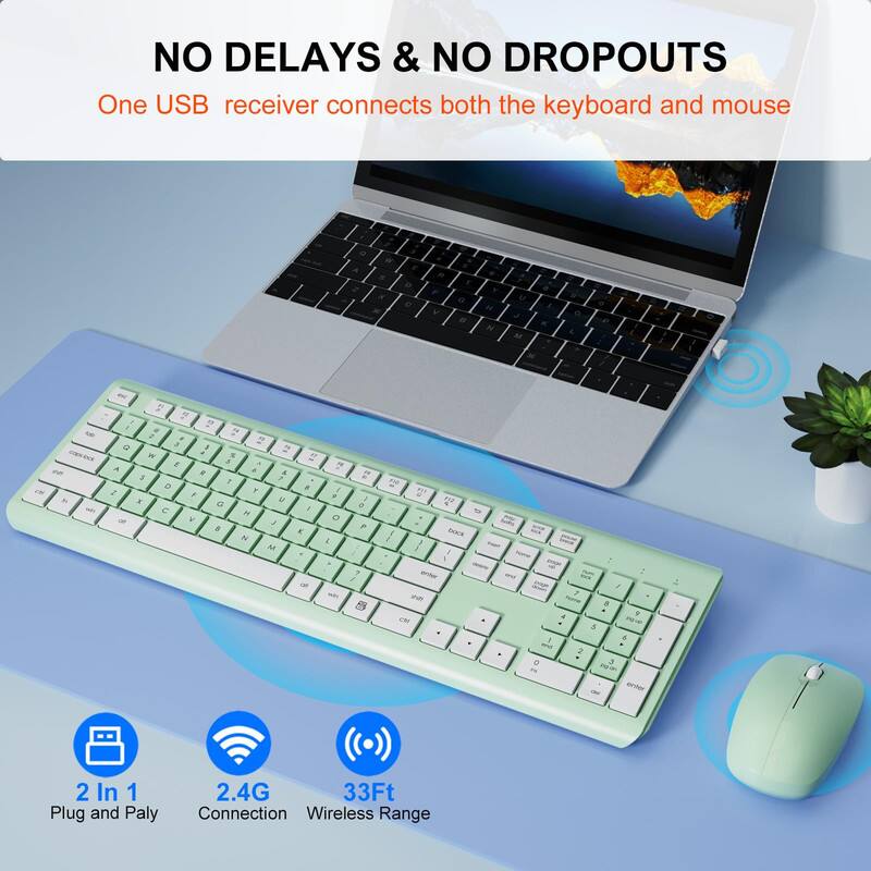 NO DELAYS & NO DROPOUTS  
One USB receiver connects both the keyboard and mouse  

2 In 1  
Plug and Play  
2.4G Connection  
33Ft Wireless Range