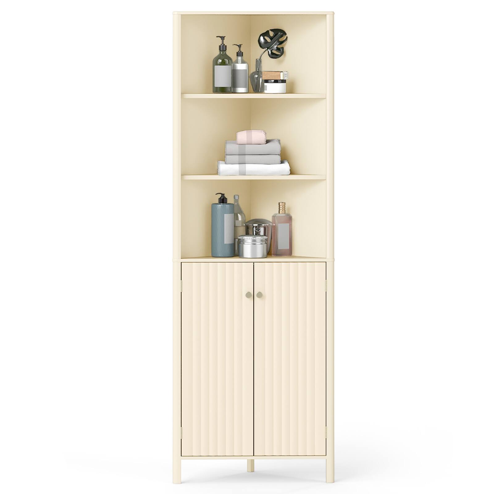 Gymax - 68'' Tall Corner Cabinet w/ 5 Shelves & 2 Fluted Doors Adjustable Shelf - Beige