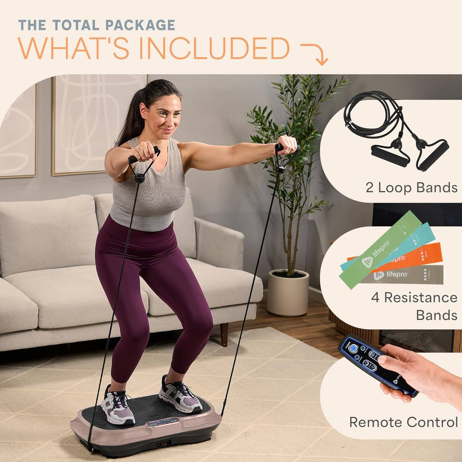 THE TOTAL PACKAGE  
WHAT'S INCLUDED  

- 2 Loop Bands  
- 4 Resistance Bands  
- Remote Control