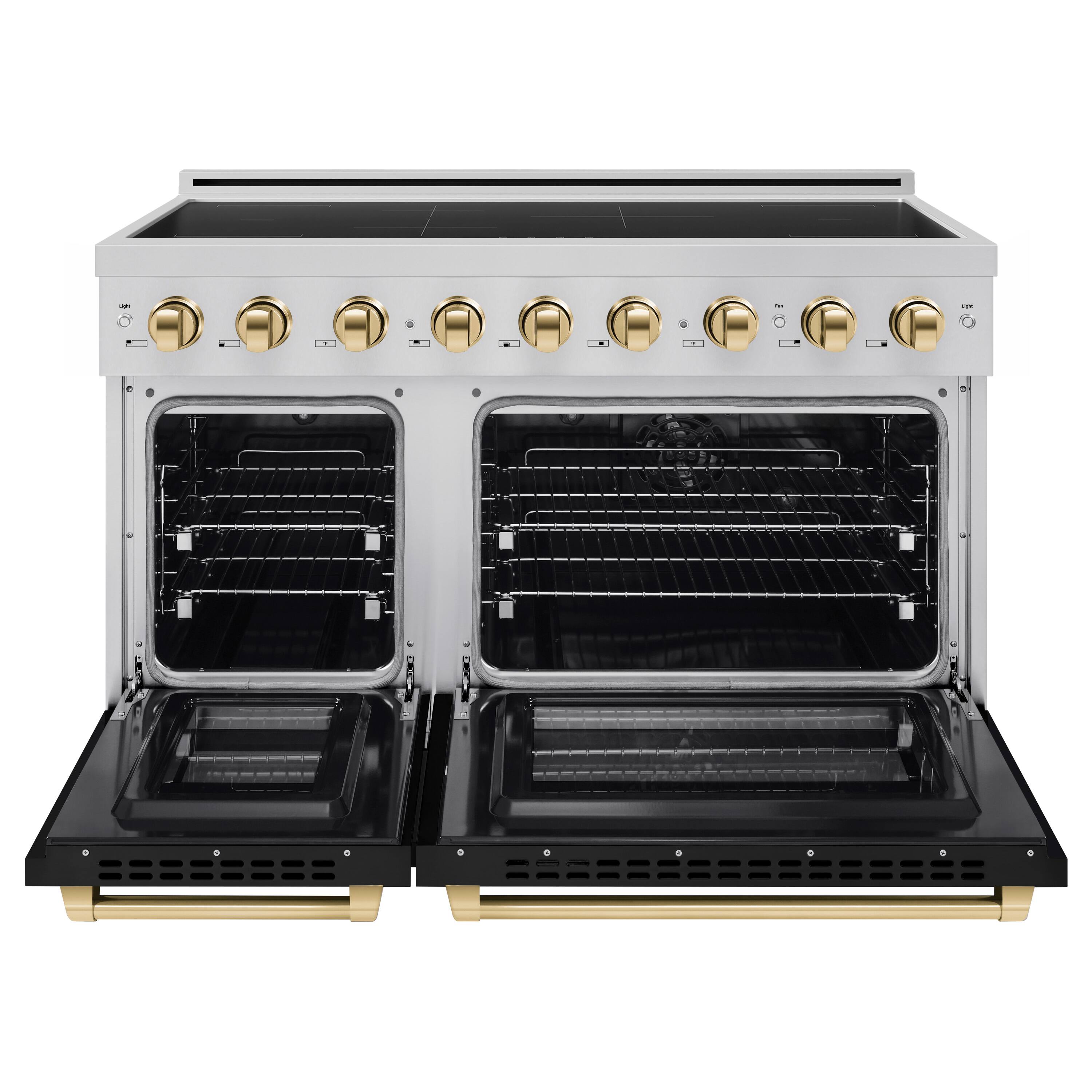 Angle. ZLINE - Autograph 48 in. 6.7 cu. ft. Paramount Freestanding Induction Range with Black Matte Doors and Polished Gold Accents - Matte Black.